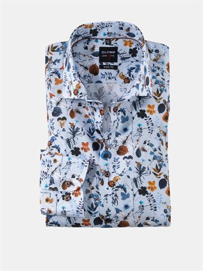 Olymp premium skjorte med blå og nougat blomster print. Slim Fit Level Five 2040 59 27 Ekstra ærmelængde
